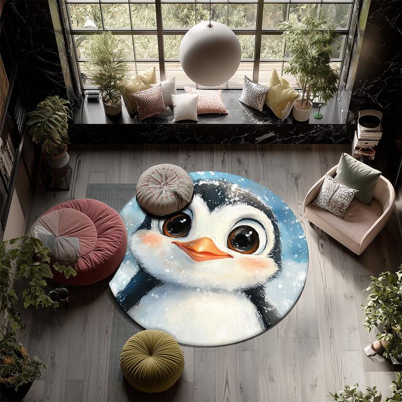 Snowing Penguin,Round Area Rug,Carpet Rug for Living Room Bedroom Sofa Playroom Decor,Non-slip Floor Mat
