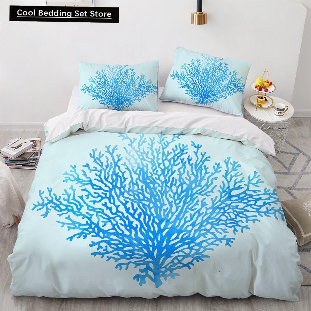 Blue Ocean King Queen Bettbezug Cartoon Seestern Muschel Bettwäscheset für Kind Teenager Erwachsene Meer Strand 2/3tlg. Polyester Bettdeckenbezug