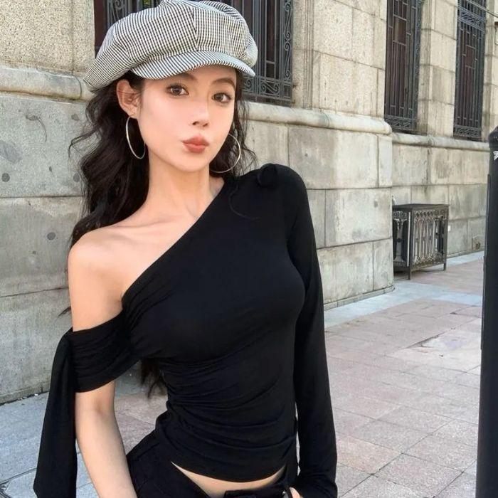 Onregelmatige Lint Off-Shoulder Top met Lange Mouwen Bodycon - Dames Lente Chic