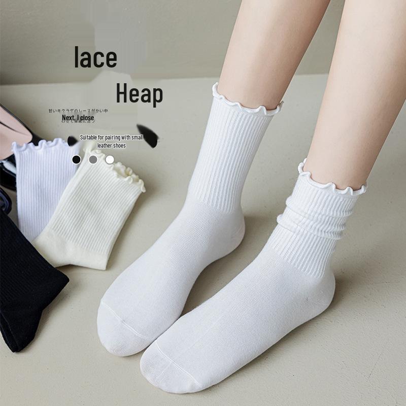 Lace Wood Ear Socks with White Vertical Stripes - Trendy Mid-Calf Roll Edge JK Socks for Spring/Summer