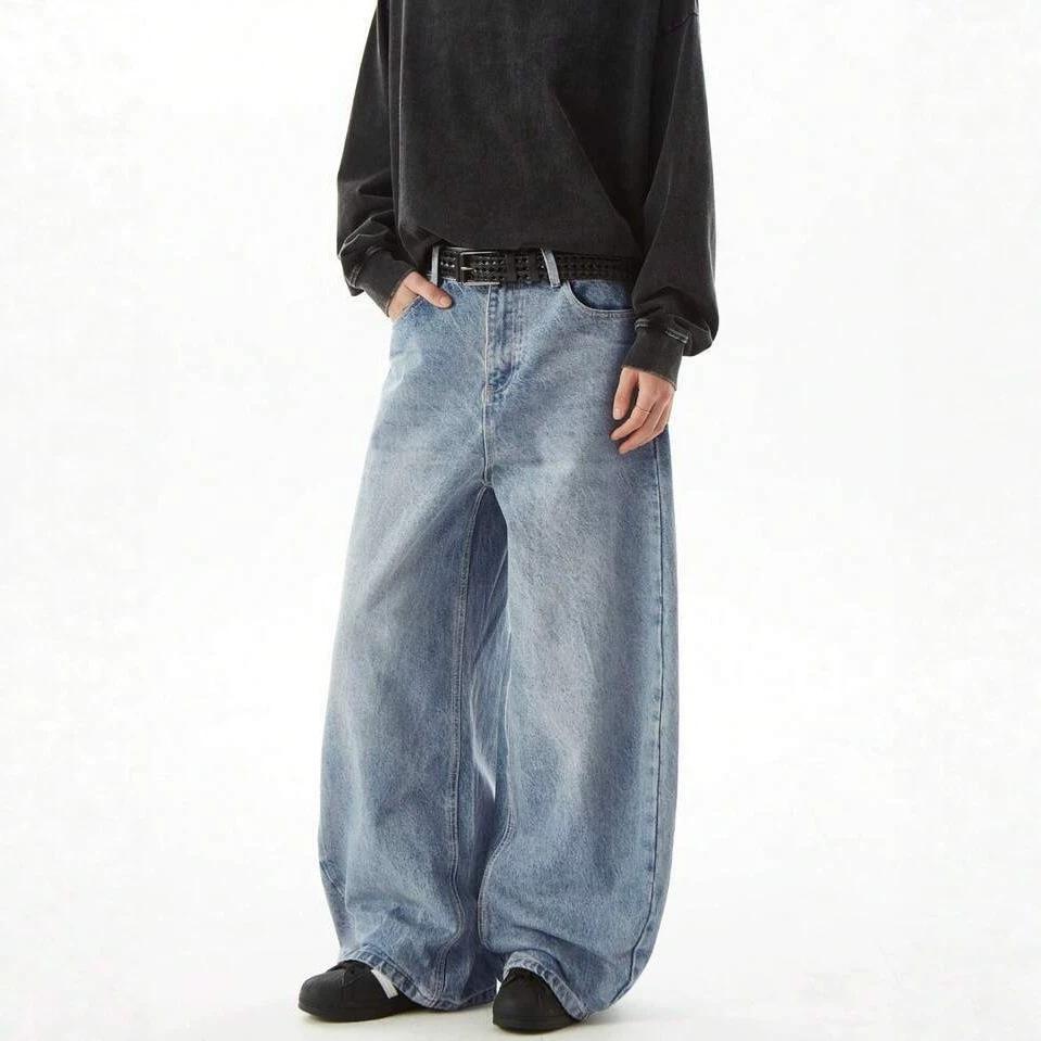 American retro washed blue scimitar jeans men's loose wide legs drape lazy casual trendy jeans