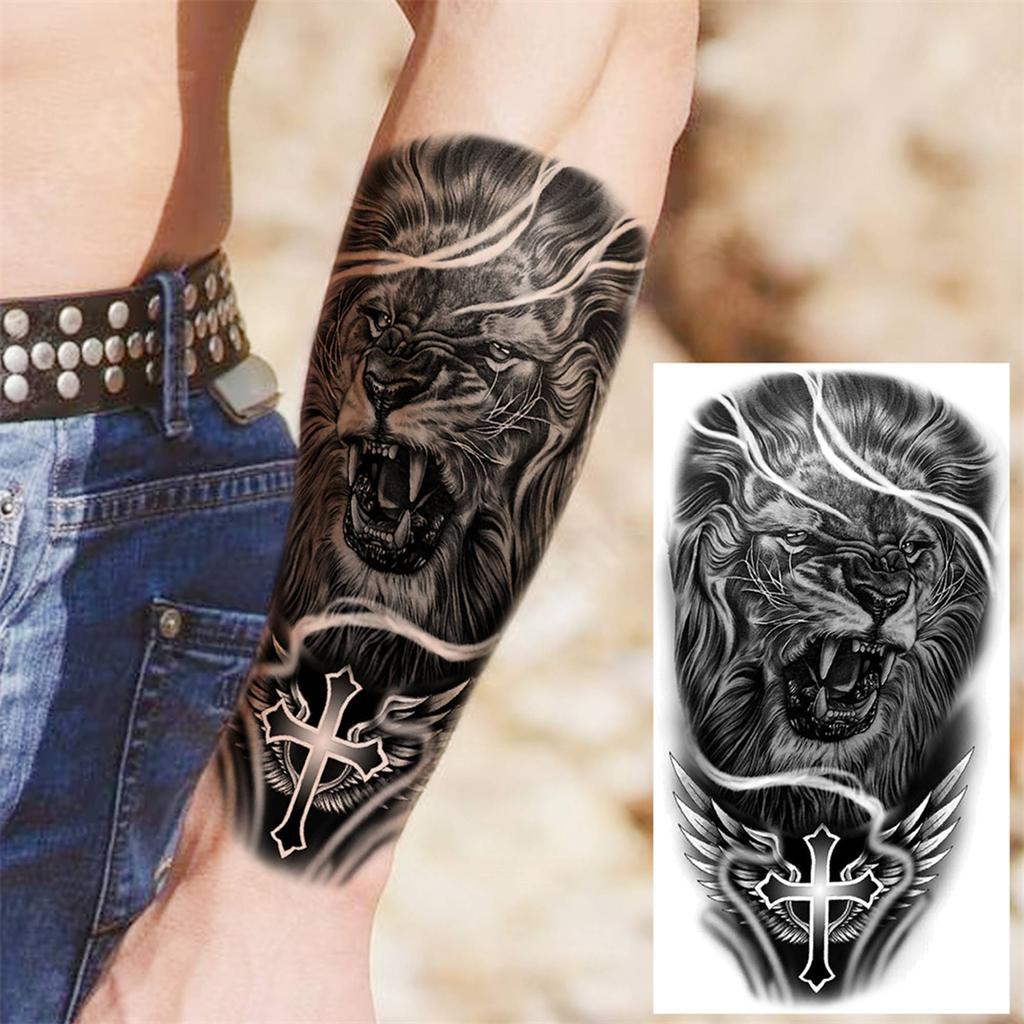 1 Sheet Lion Wolf Skeleton Nun Tiger Black Temporary Tattoos For Men Adult Leg Arm Compass Flower Fake Tattoo Sticker Waterproof