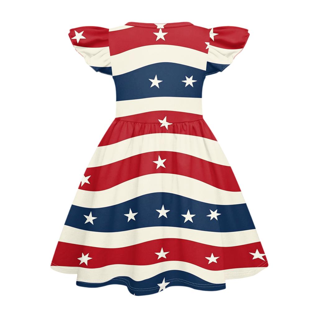 Girls Dress Sleeveless Ruffle Sleeve Independence Day Spliced Star Pattern Casual A-Line Dress for Kids