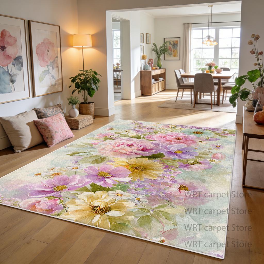 Cream Pink Color Floral Decoration Home Carpet Living Room Dining Room Area Non-slip Rug Patio Foldable Short Velvet Floor Mat