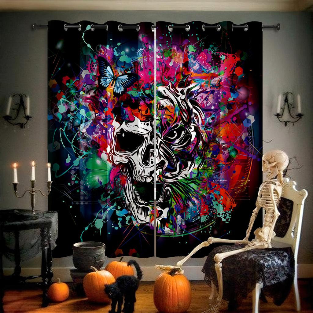 Horror Skull Floral 3D Printed Curtains Retro Gothic Curtains Halloween Party Decorative Curtains Home Decor 2 Pieces