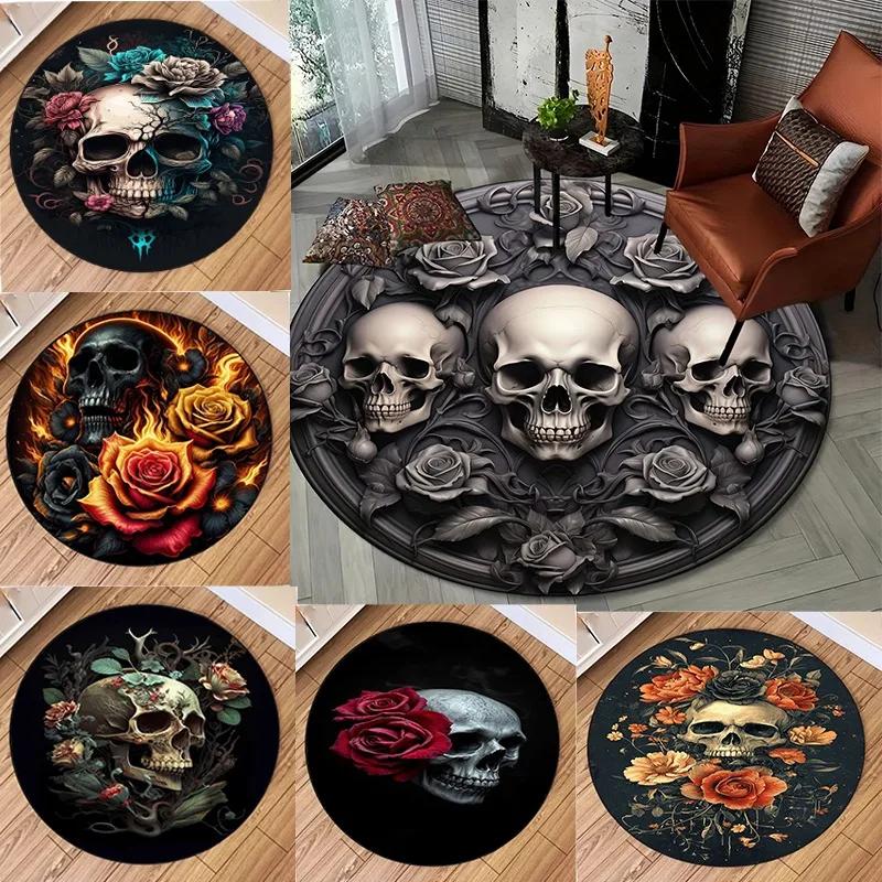 Luxury Soft Polyester Rug 3D Skull and Rose Round Non-Slip Area Rug Gothic Print for Bedroom Living Room Large Home Decoration