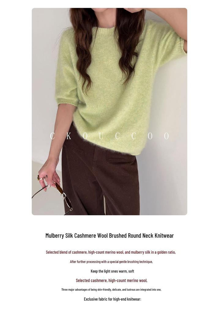Rong Tai Women's Multi-color Cashmere Knit Top - Round Neck, Mid-Sleeve, Soft & Loose
