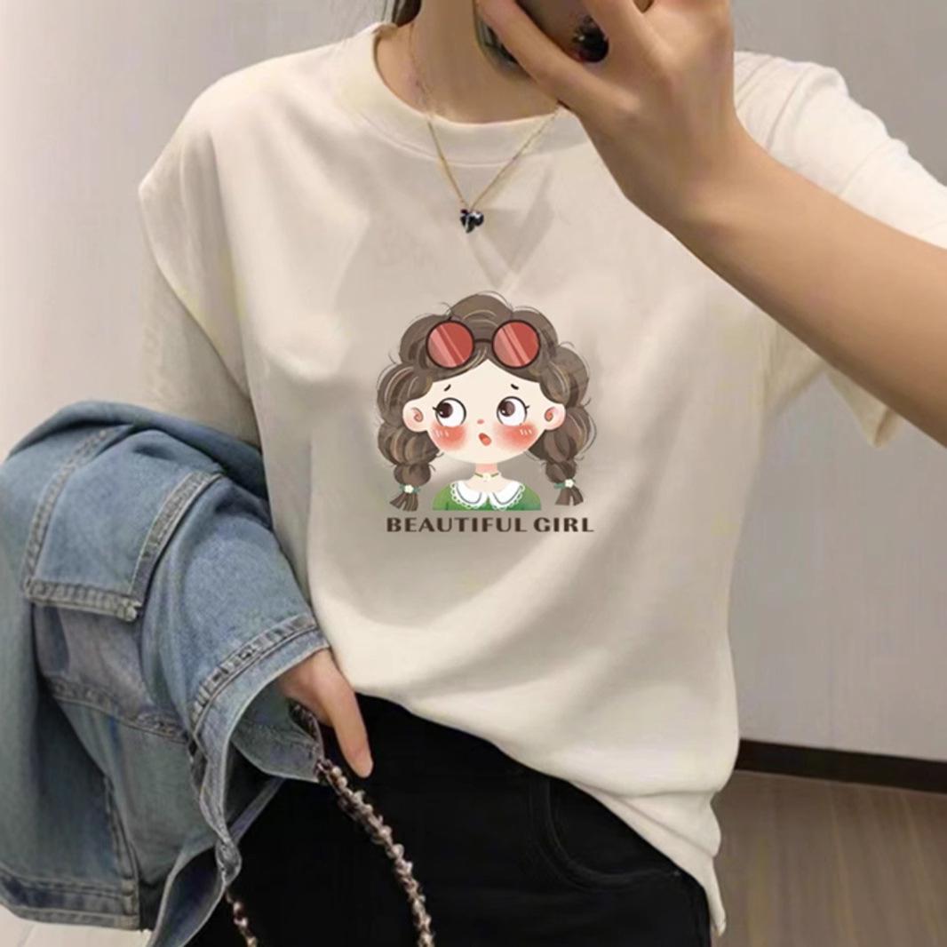 

2025 Women s European Style Loose Fit Pure Cotton White Crew Neck Short Sleeve T-Shirt Medium