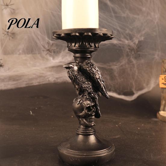 Resin Crow Candle Holder Halloween Candlestick Decoration, Gothic Raven Skull Holder, Pillar Stand Spooky Taper for Tabletop Home Decor Matte Black