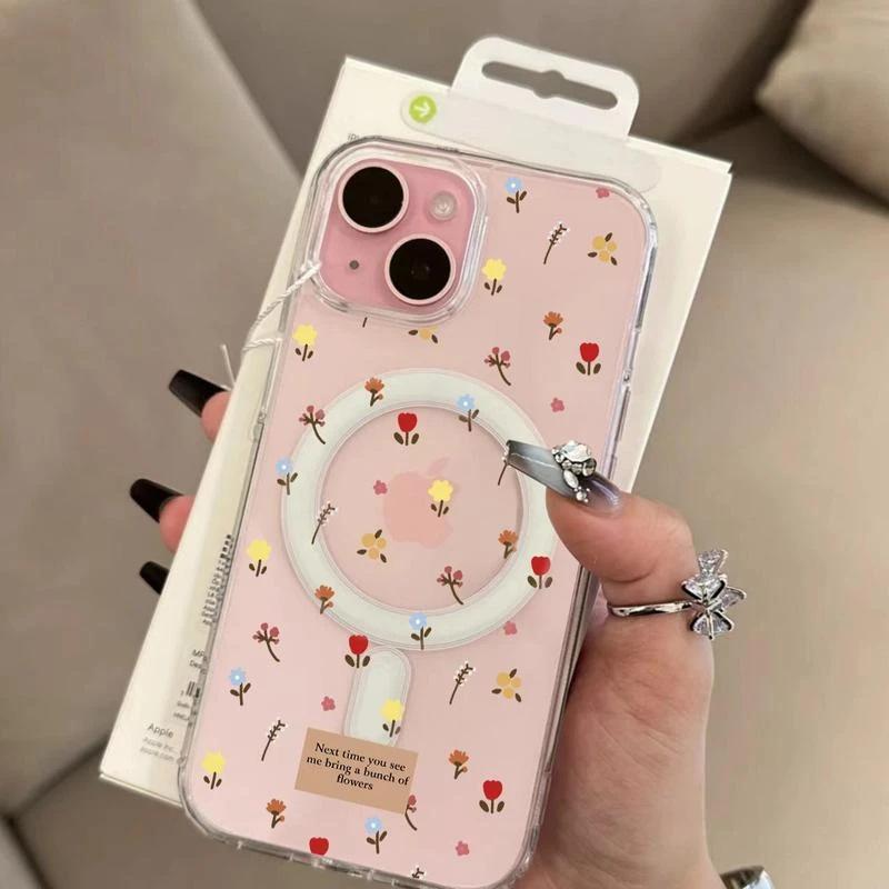 Full Screen Small Florals Suitable for Apple 16pro Mobile Phone Case Magnetically Absorbed IPhone 15 Protective Case 14 Transparent 13 Large Holes