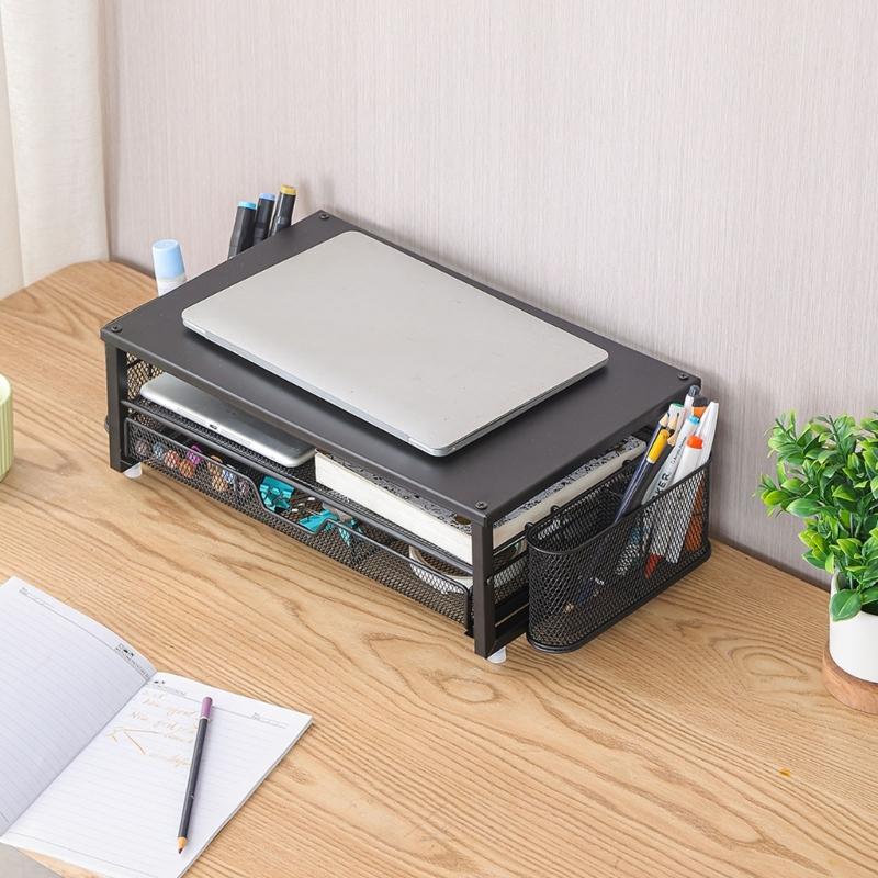 Computer Monitor Stand with Drawer and Side Storage Metal Screen Stand Multifunctional Desk Shelf for Computer Laptop