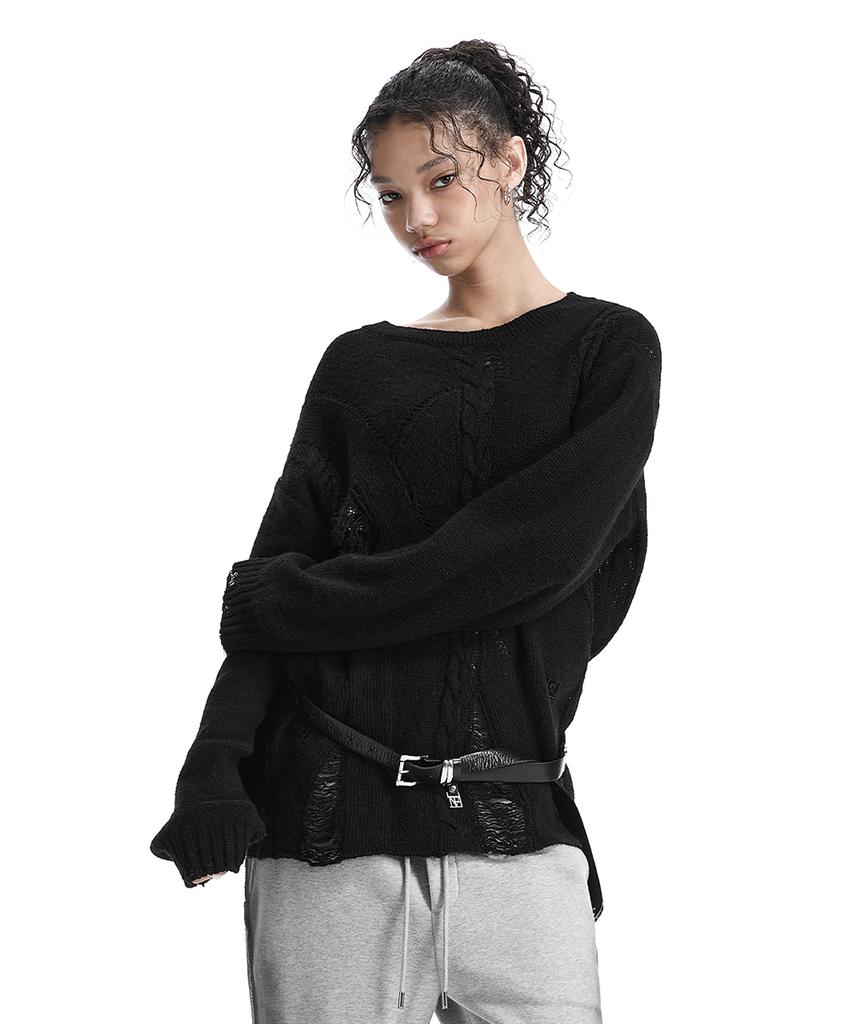 TREEMINGBIRD Distressed Cable-Knit Top [ Black ]