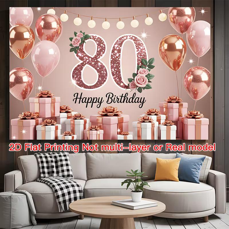 2D Rose Gold 80th Birthday Photography Background, Pink Gold Party Decoration