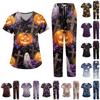 Damen V-Ausschnitt Kurzarm Kasack-Set mit Taschen, Halloween-Print 2-teilige Uniform für die Arbeit