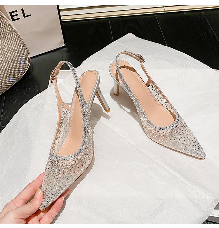 New Full Diamond Pointed Mesh Rhinestone High Heel Sandals Women's Dinner Shoes Wedding Shoes French Temperament Versatile Bag Head Back Empty