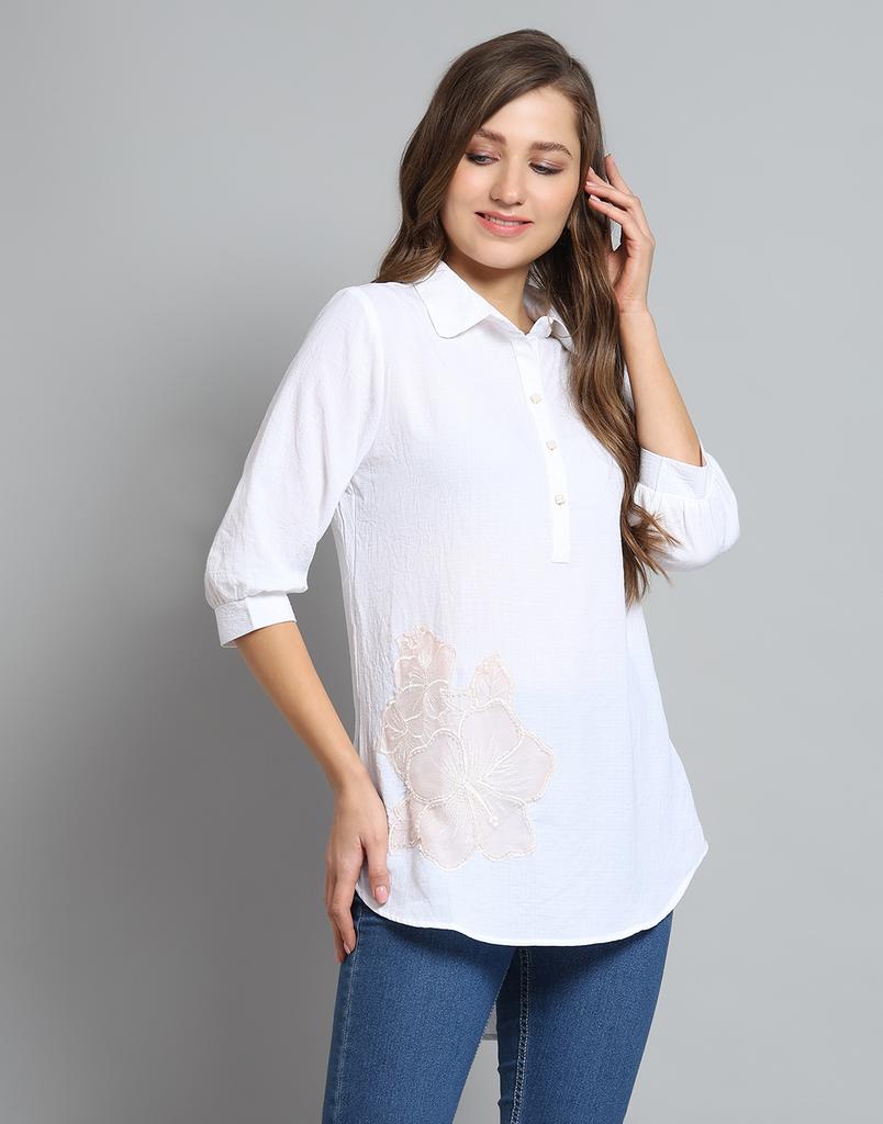 Monte Carlo Womens Self Design White Collar Neck 3/4 Sleeve Top