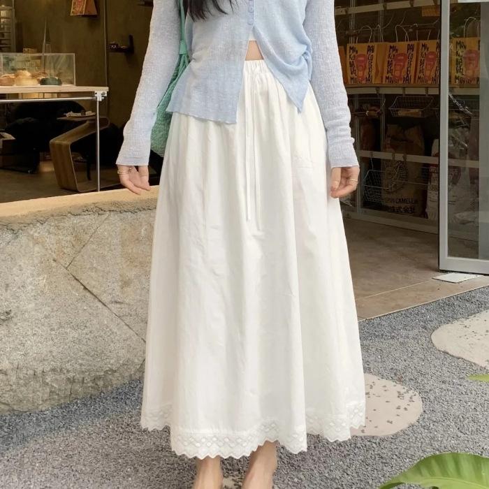Petticoat white sweet lace French anti-light splicing skirt spring new lace splicing elastic long skirt S