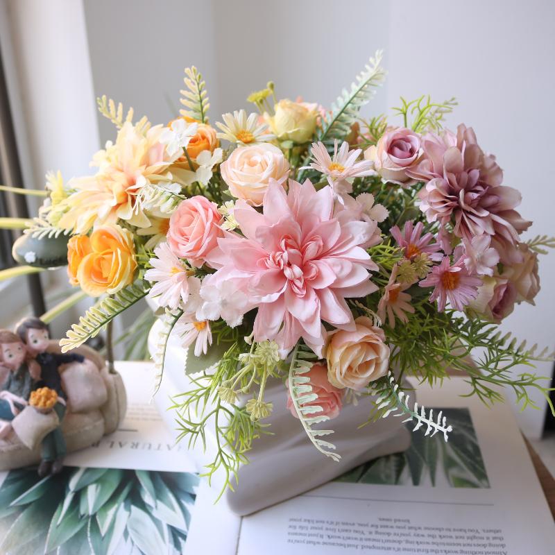1Pc Artificial Rose Flowers Wedding Home Bedroom Decor Bridal Bouquet Garden Fake Silk Dahlia Hydrangeas Vase For Board Outdoors
