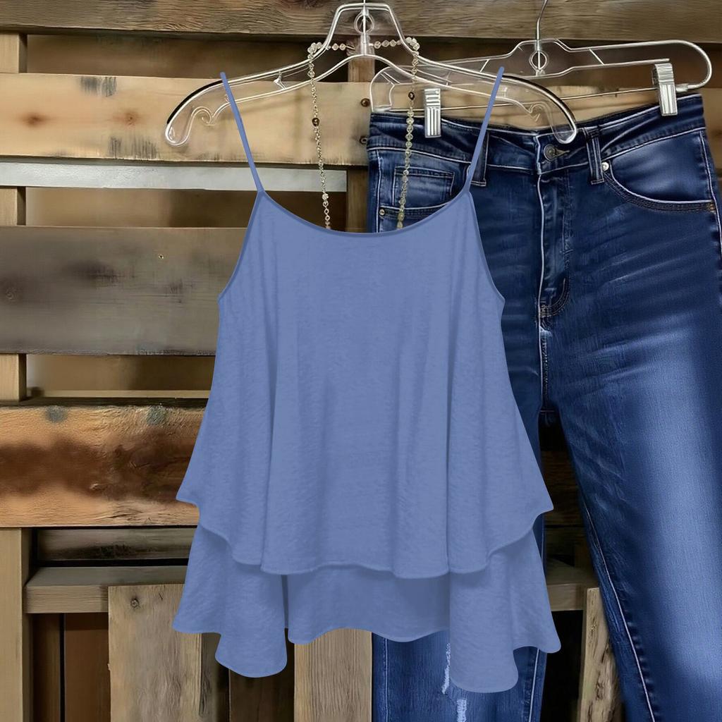 Women Sleeveless Double Layer Camisole Top Solid Color Strap Summer Casual Loose Fit Lightweight Blouse