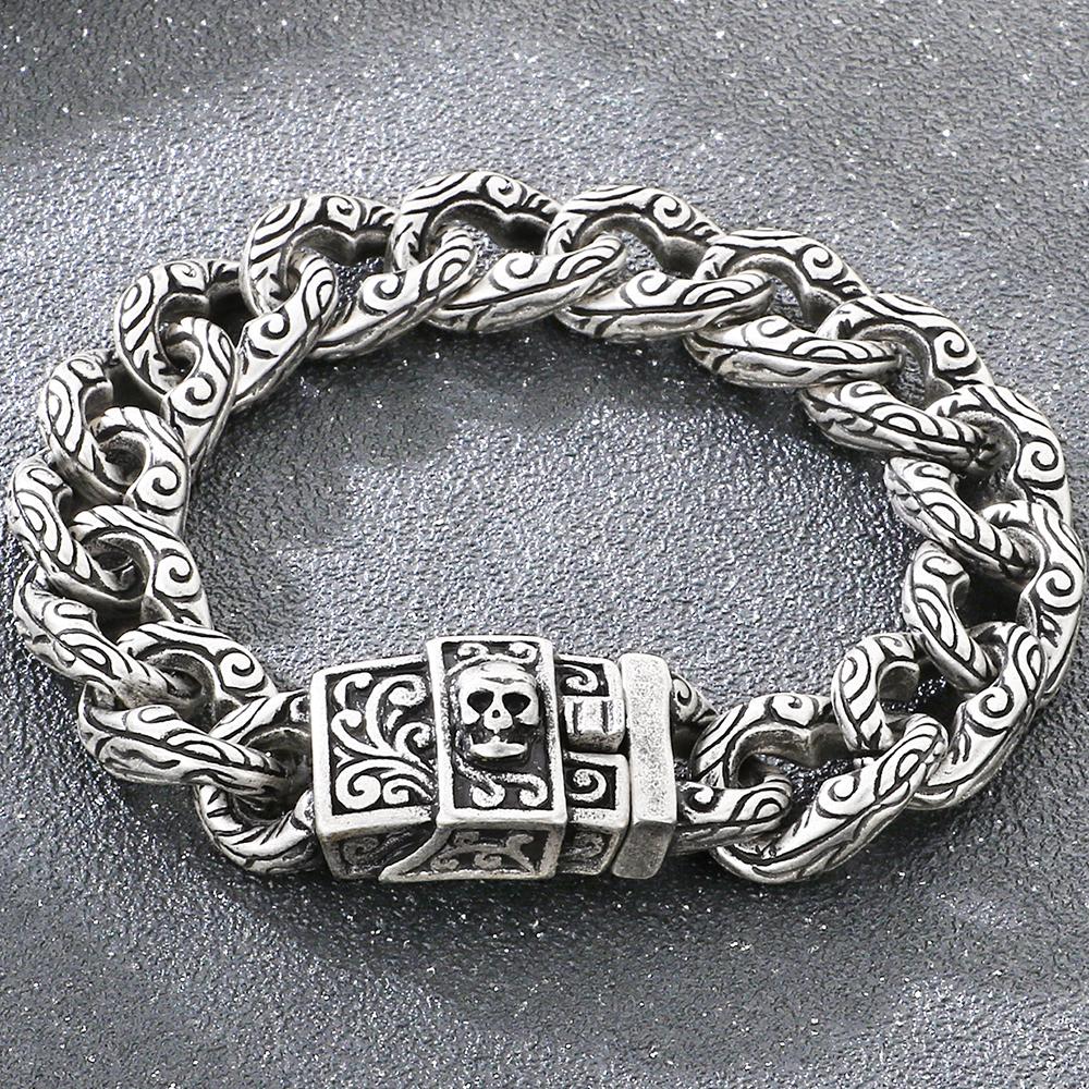 Punk Skeleton Jewelry Vintage Cuban Link Chain Bracelet for Man with Skull Head Clasp 316L Stainless Steel Bracelets and Bangles