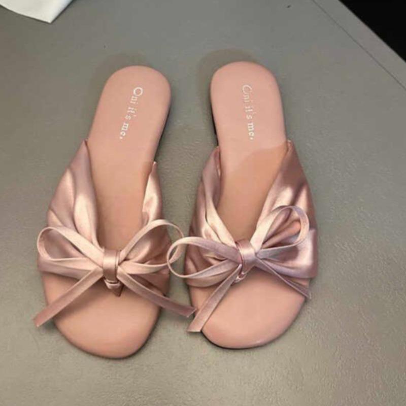Fashion Summer New Slippers Women's Fashion Round Head Clip Toe Butterfly Knot Soft Soles Anti-slip Wear-resistant Flat Shoes