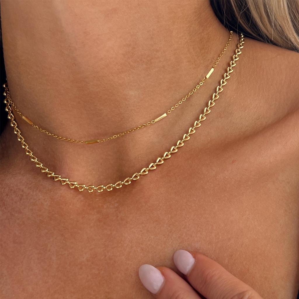 Ladies 18K Gold Plated Stainless Steel Chain Choker Necklace Sets Minimalist Jewelry Pearl Bead Layered Necklaces for Women