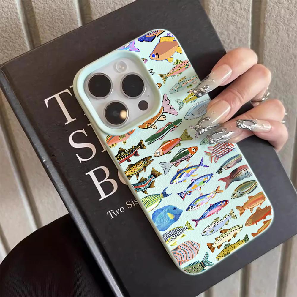 Cute Fish School Pattern Lychee Soft Phone Case For iPhone 17 16 15 14 13 12 11 Pro Max Air 15 16 Plus X XR XS Shockproof Cover