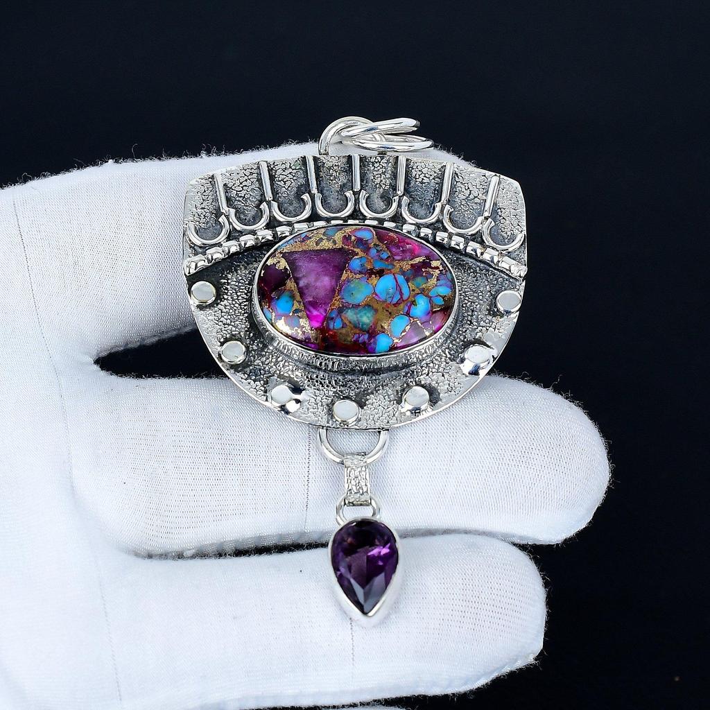 Kingman Spiny Turquoise Pendant, 925 Sterling Silver Handmade Jewelry, Amethyst Silver Pendant, Party Wear Jewelry For Women's, Pendant Love Gift