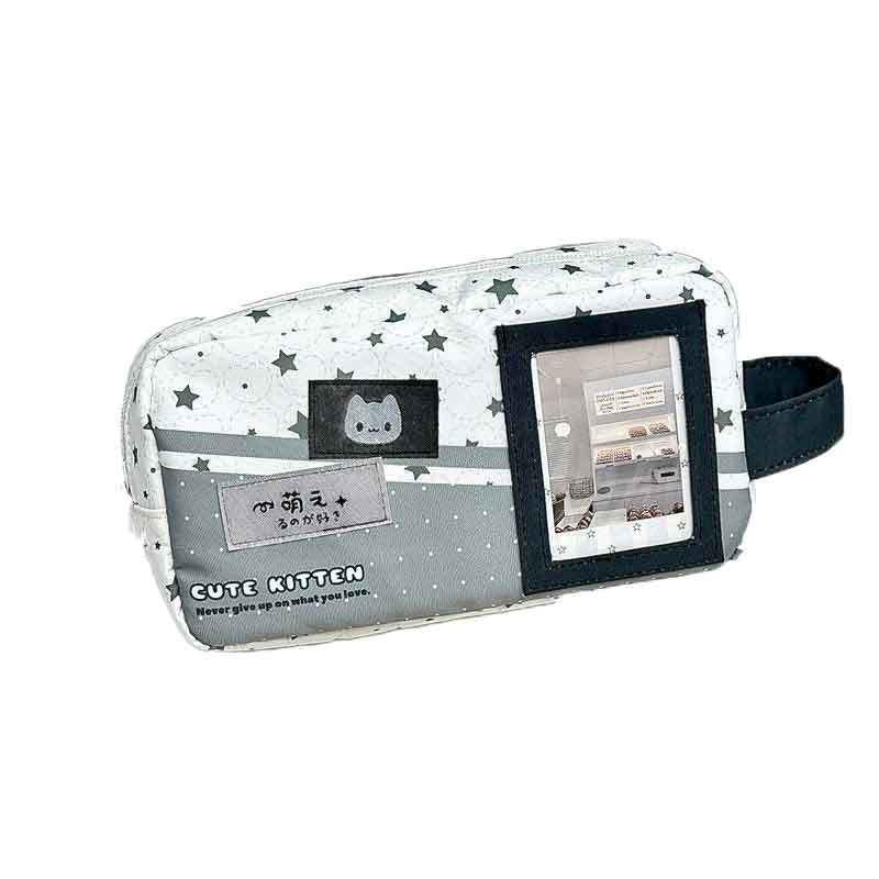 Korean Style Gray Star Cat Pencil Case with Transparent Window and Large Capacity