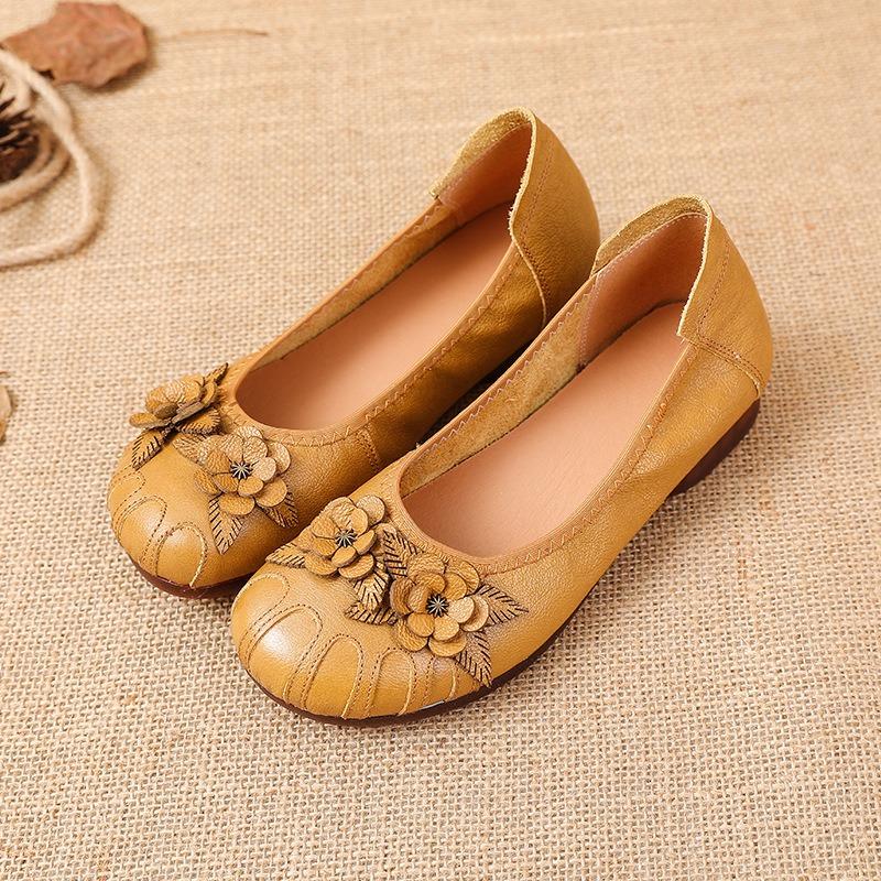 Retro Leather Wedge Heel Beef Tendon Sole Comfortable Soft Sole First Layer Cowhide Non-slip Flower Single Shoes Women