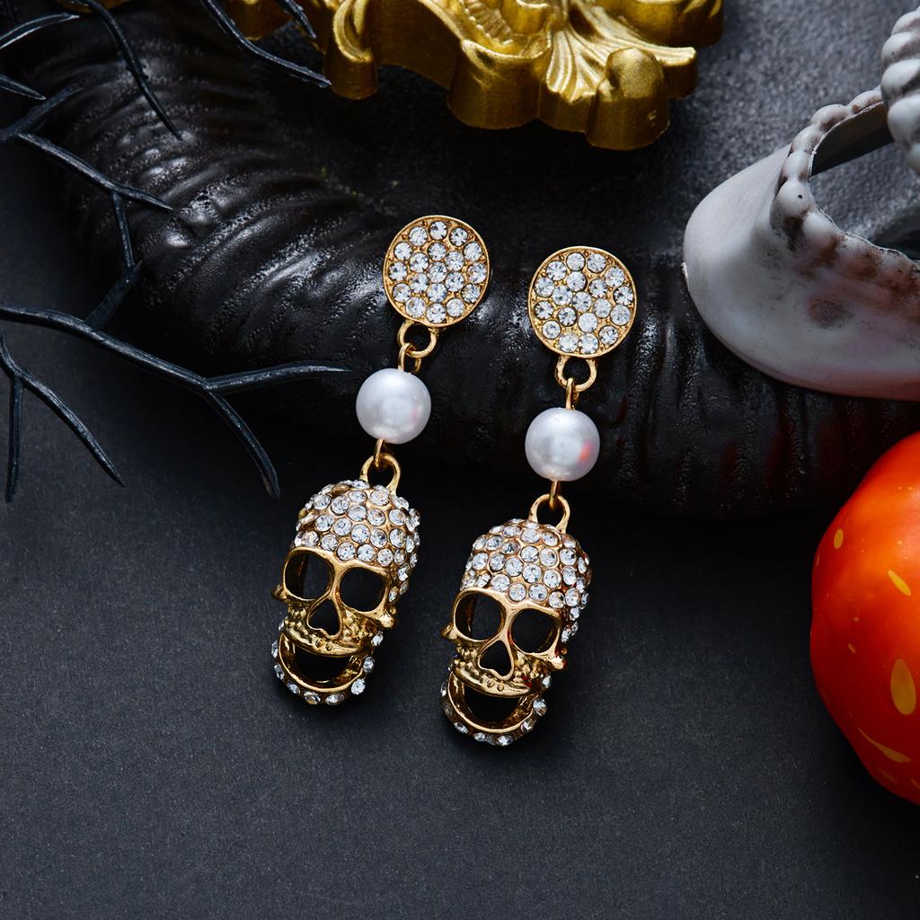 Full Rhinestone Skull Imitation Pearl Earrings For Women Gothic Punk Skeleton Dangle Earring Halloween Cosplay Party Jewelry