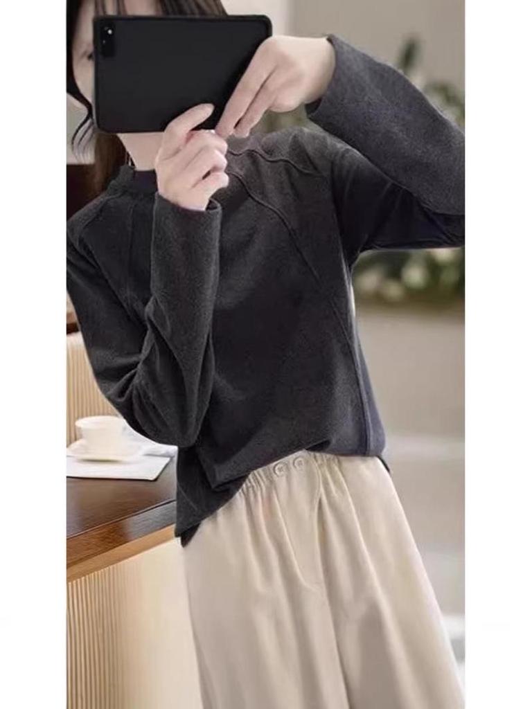 Women's Fleece Brushed Long-Sleeve Base Layer Shirt, Autumn/Winter Korean Style, Loose Half-High Collar Top