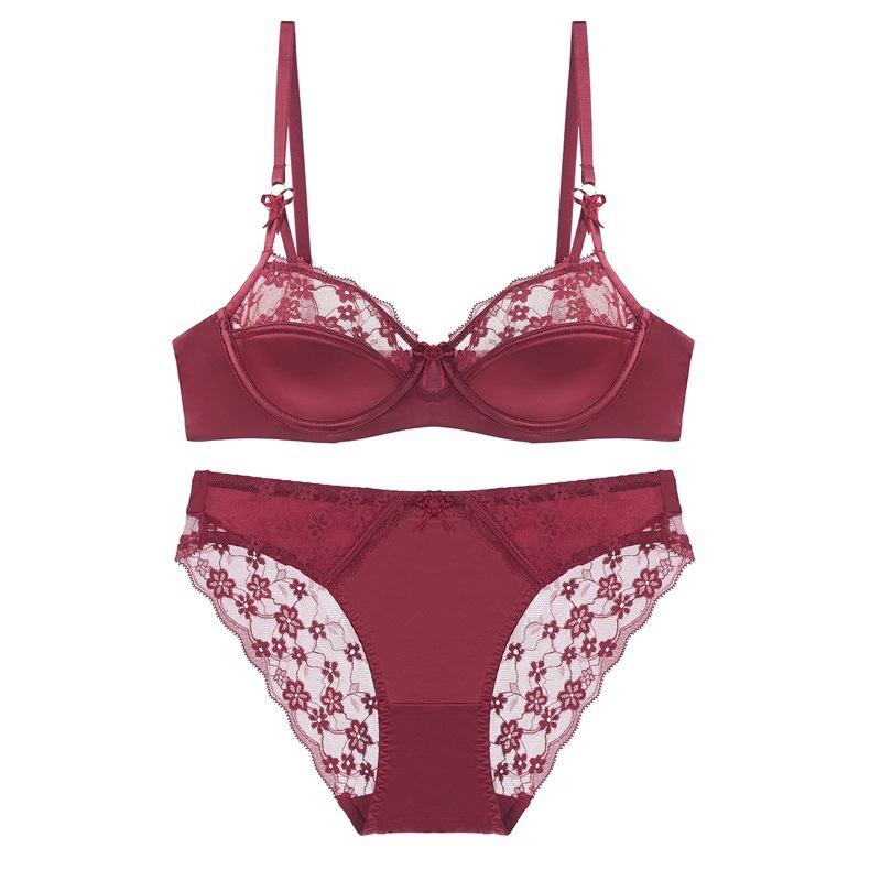 

French sexy underwear natal year red lace underwear thin cotton smooth surface large chest small anti-sagging bra 70B бордовий