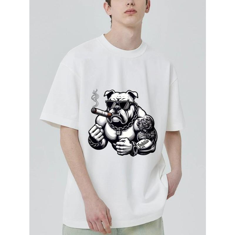 Black T Shirt with Bulldog Smoking Cigar Tattoo Design for Casual Streetwear Style