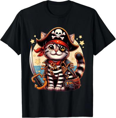 Pirate Cat Graphic Tee Kitten Skull Jolly Roger Lovers Short Sleeve TShirt