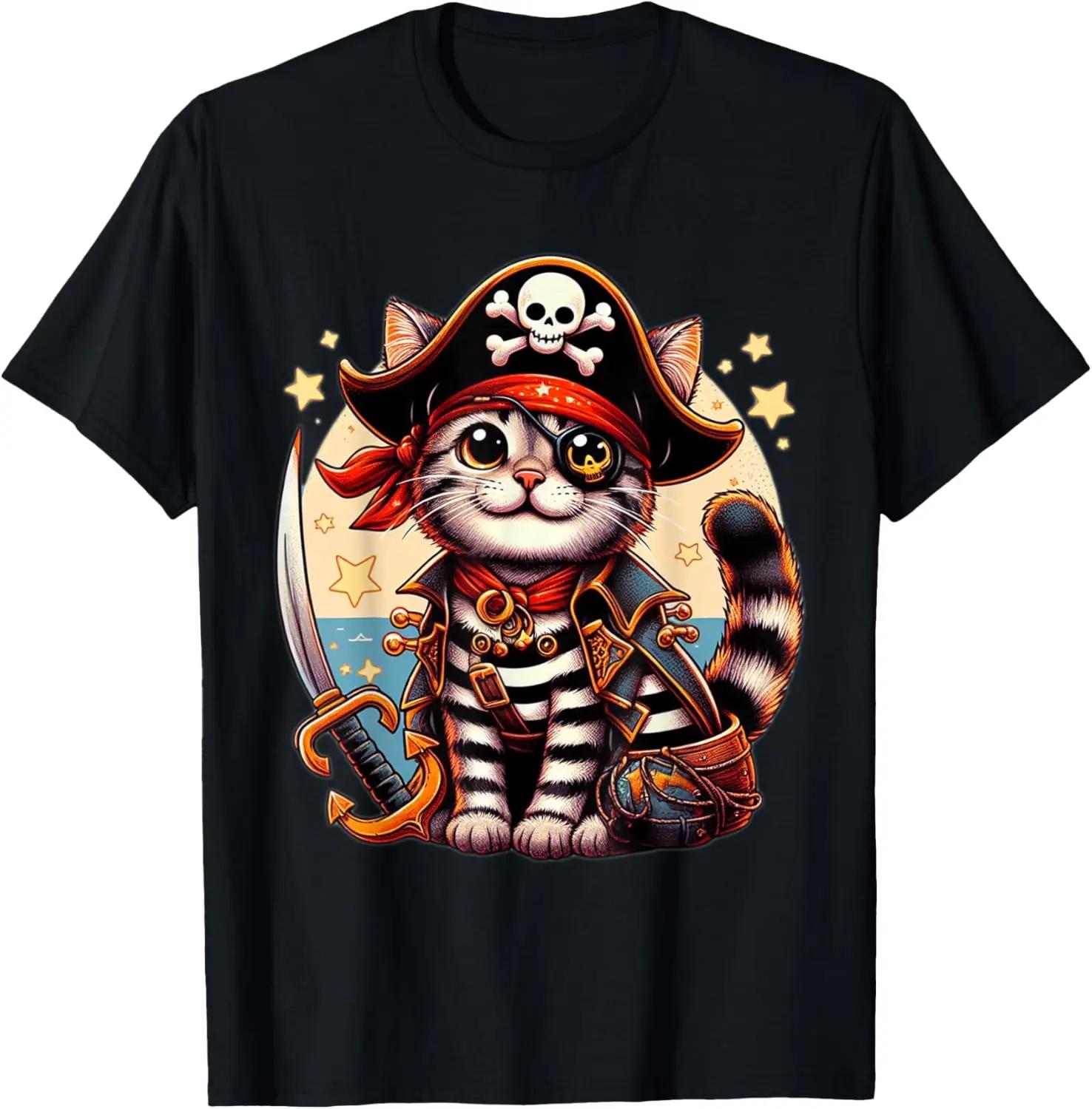Pirate Cat Graphic Tee Kitten Skull Jolly Roger Lovers Short Sleeve TShirt S