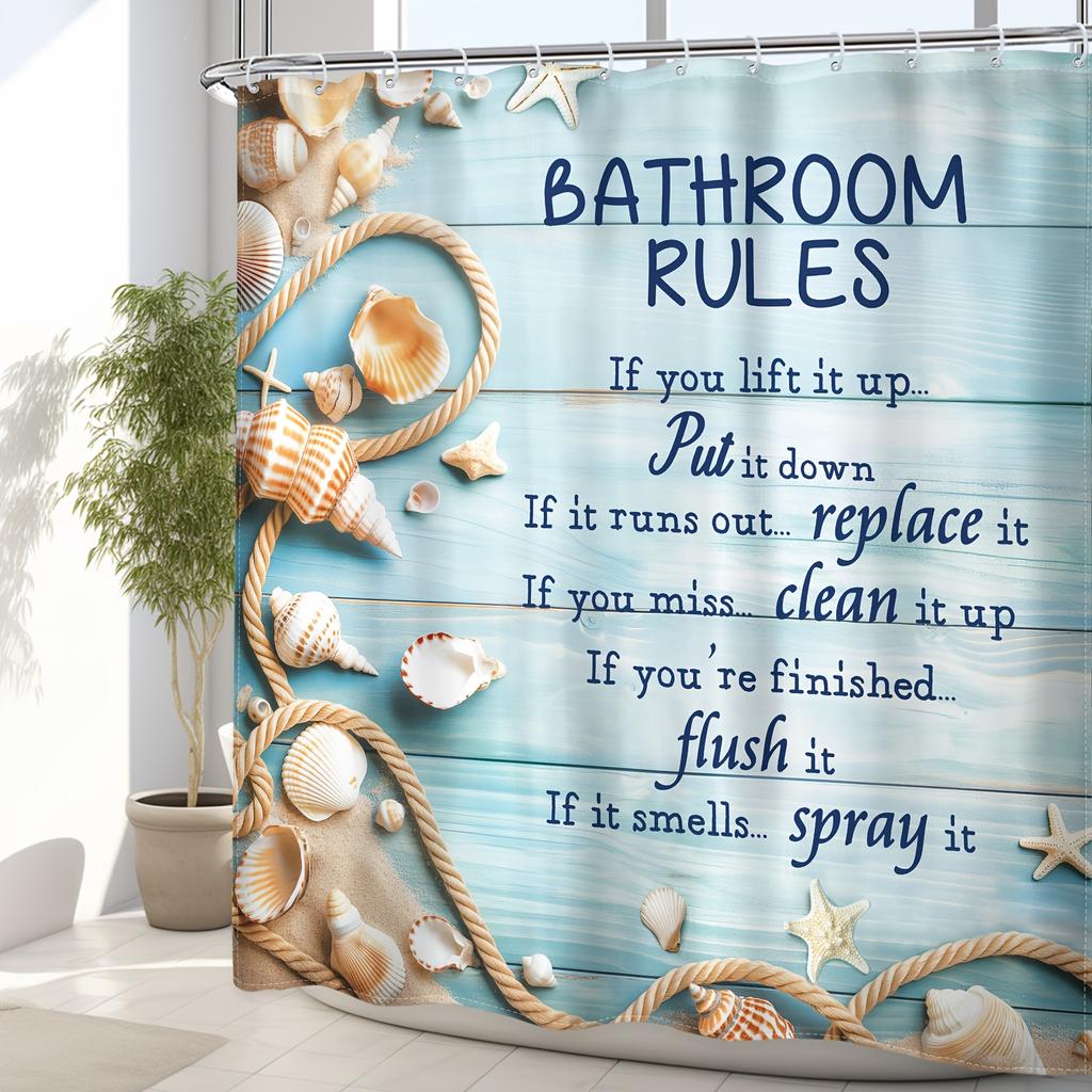 Beach Shower Curtain - Vintage Wood Panel, Starfish Shell, Hemp Rope Quotes, Waterproof, 12 Plastic Hooks