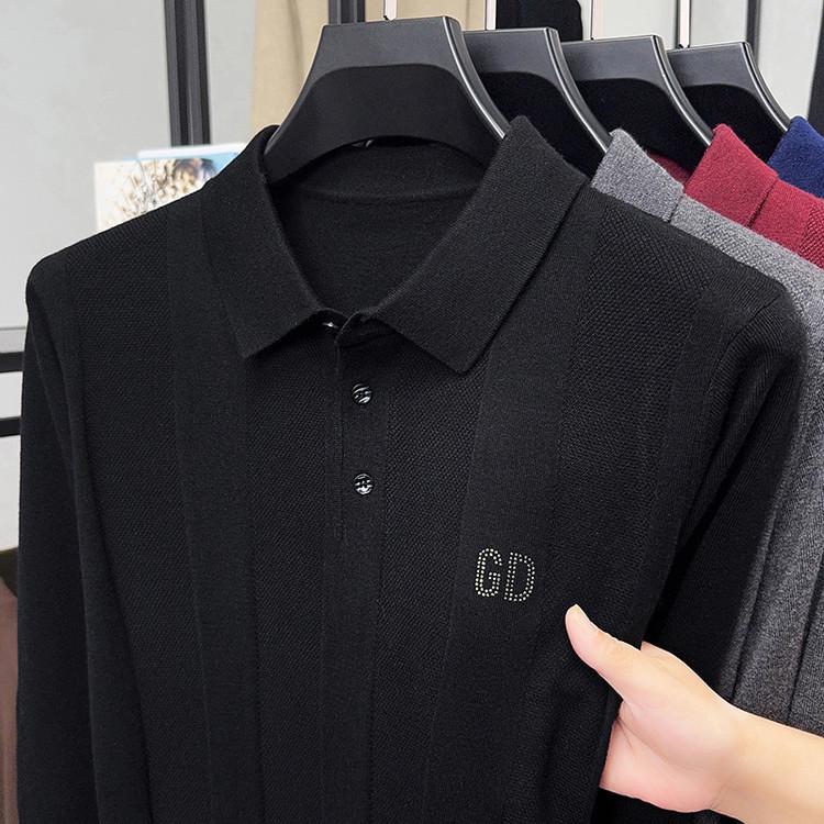 

Brand Business Casual Merino Wool Knit Sweater for Men: Middle-Aged Style, Lapel Collar, Jacquard Letter Design, Lightweight for Spring/Autumn L чорний