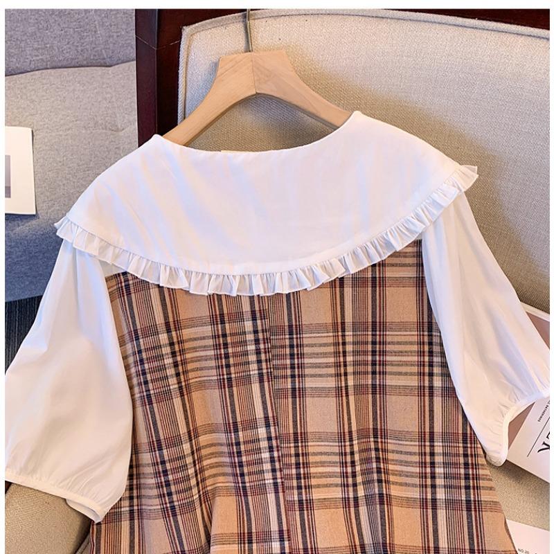 Plus Size Women's Summer Pastoral Print Fake Two Doll Neck Dress