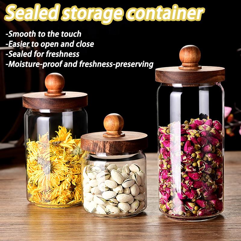 Glasbehälter mit Holzdeckel, luftdicht, für Teeblüten, Süßigkeiten und Kaffee, Küchenaufbewahrungsglas