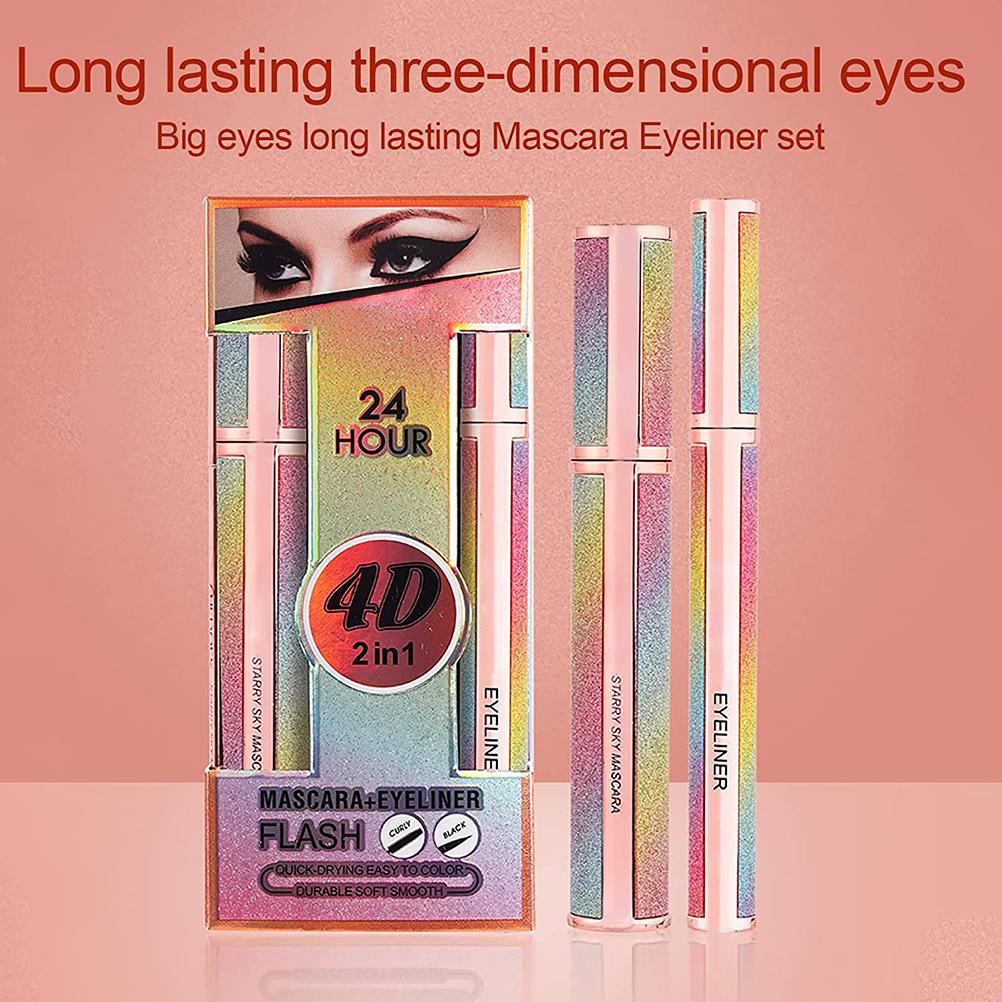 4D Silk Fibre Mascara and Eyeliner Set Smudge Proof Curling Mascara Liquid Eye Liner Pencil Eye Make Up Tool