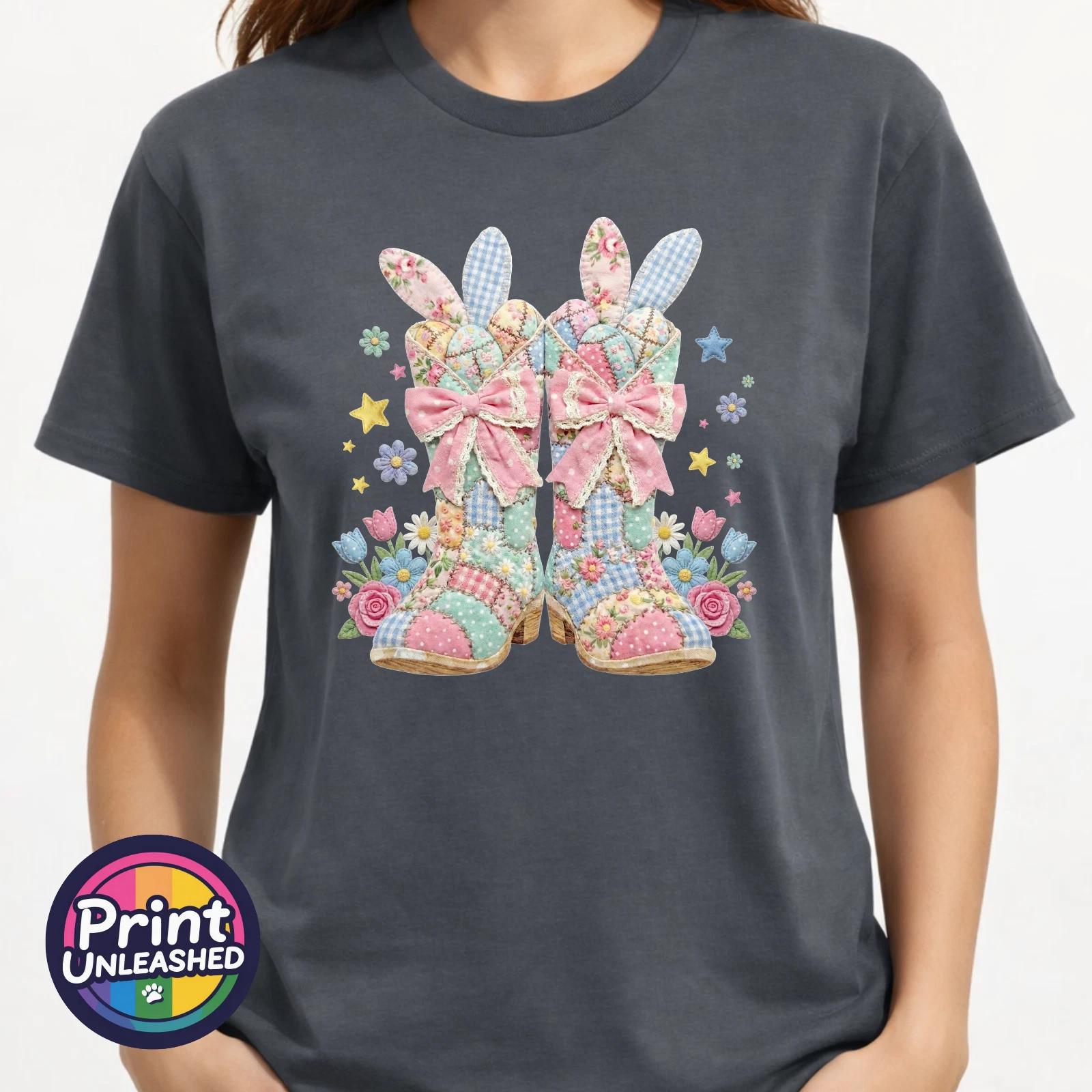 Cute Cowgirl Boots T-Shirt Floral Patchwork Tee Western Bunny Boots Gift S-2XL L