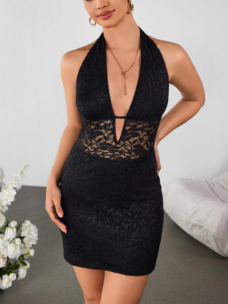 Lace strap neck dress, European and American sexy deep V backless hip-wrapped short splicing dress