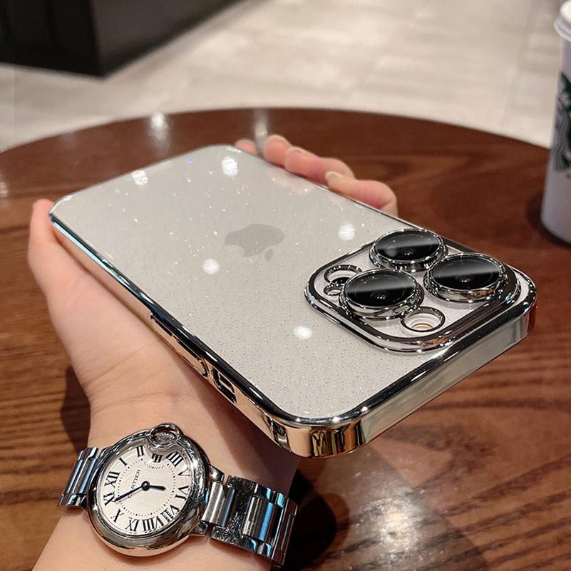 Capa de Luxo Glitter Transparente PC Banhada para iPhone 16 15 14 Pro Max Plus 13 11 12 Bling Clara À Prova de Choque Ultrafina