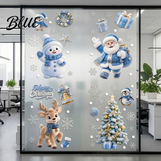 Winter Wonderland Wall Decals 4Pcs Christmas Static Window Clings Blue Santa Snowman Reindeer Penguin Double Sided Decorations Stickers Reusable