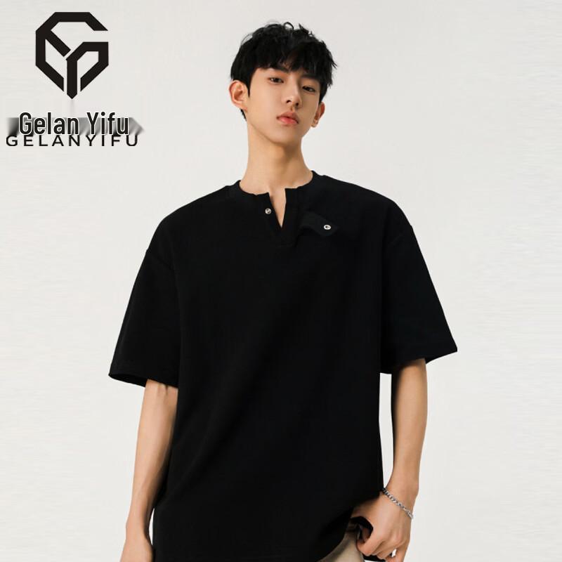 GELANYIFU Men s Loose Fit Heavyweight V-neck Button T-Shirt L