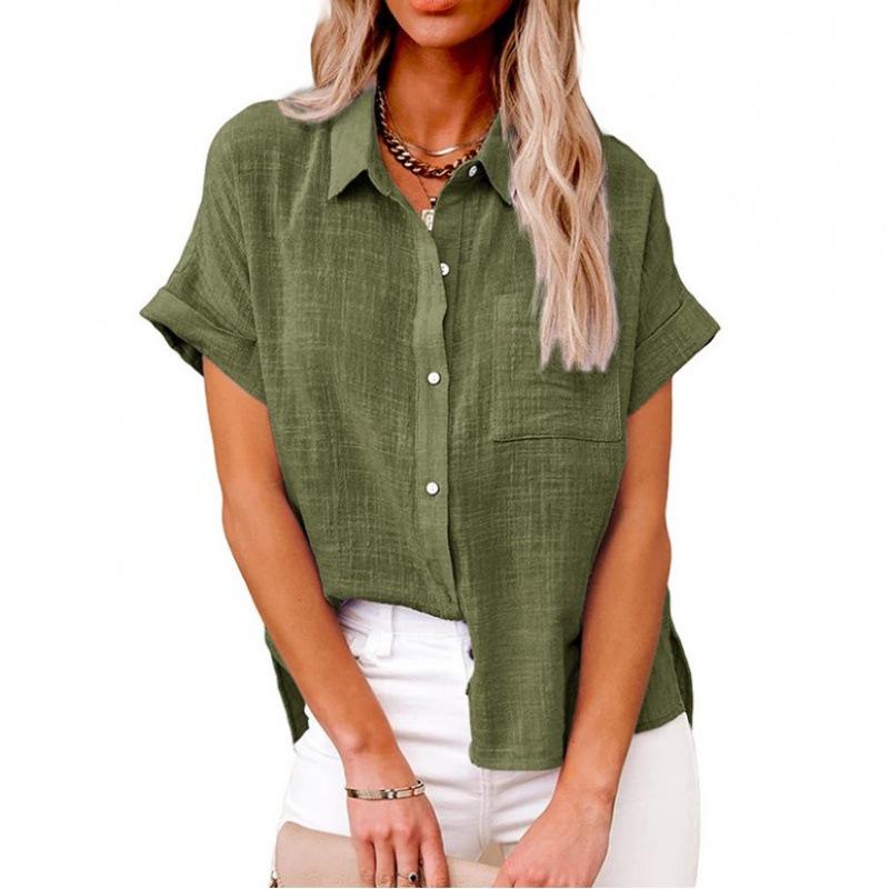 Frauen Sommer Einfarbig Baumwolle Leinen Shirts Revers Kurzarm Button Up Unregelmäßige Tasche Blau Weißes Hemd