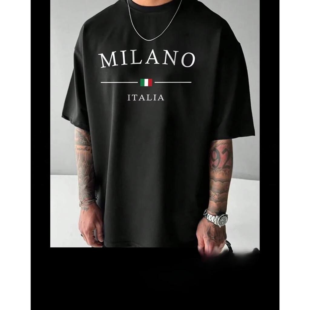 2025 Men's Summer 100 Cotton Fashion Casual Loose MILANO ITALIA Pattern Printed Sports Crew Neck Short Sleeve T-Shirt