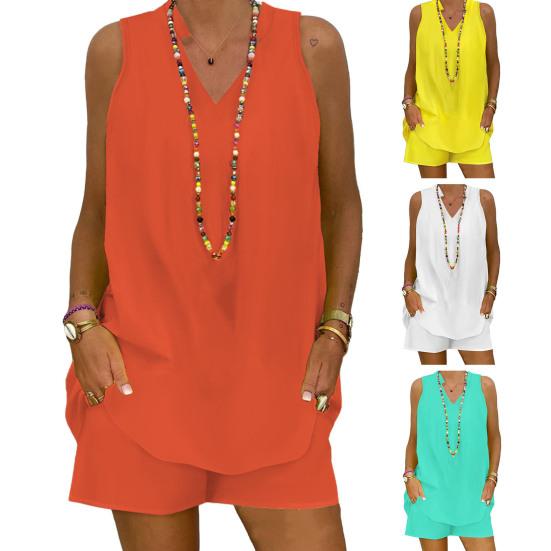 2 Stück/Set Damen T-Shirt Shorts Set Locker V-Ausschnitt Ärmellos Stehkragen