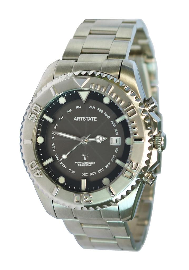 [ARTSTATE AS0259D] Men's Solar Radio-Controlled Watch, Date Display, Stainless Steel, Long Life, 100M Water Resistance (BLACK)